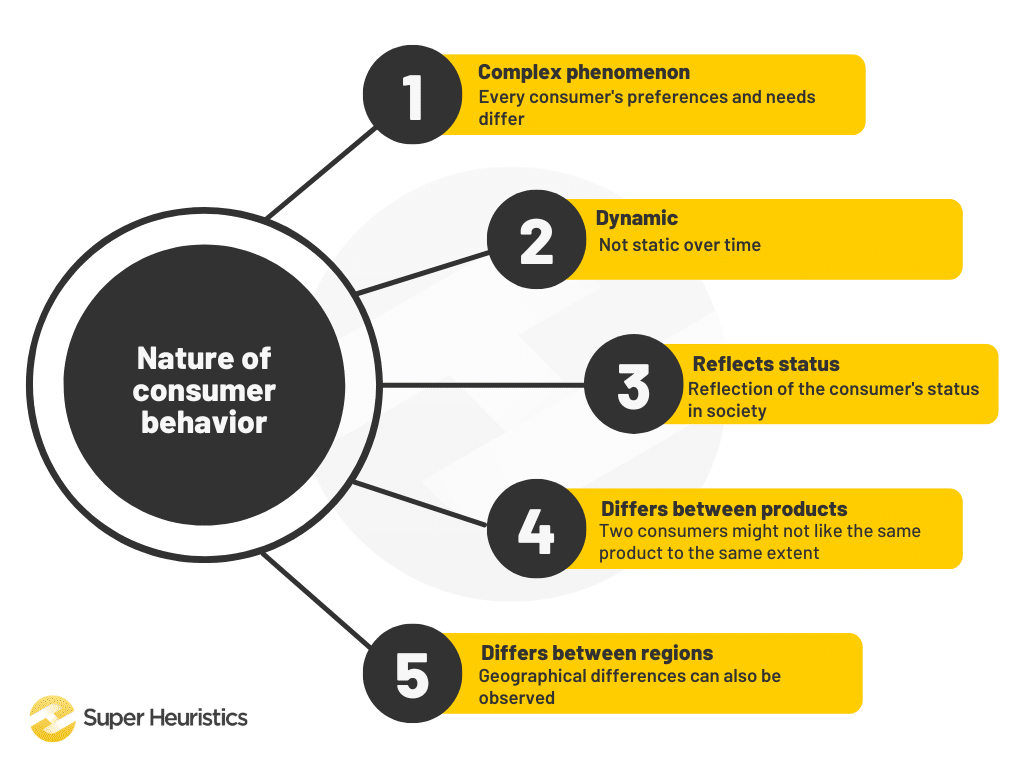Colorful Minimalist Linear Steps Circular Diagram (6) Nature of consumer behavior - complex phenomenon, dynamic, reflects status, differs between products, differs between regions